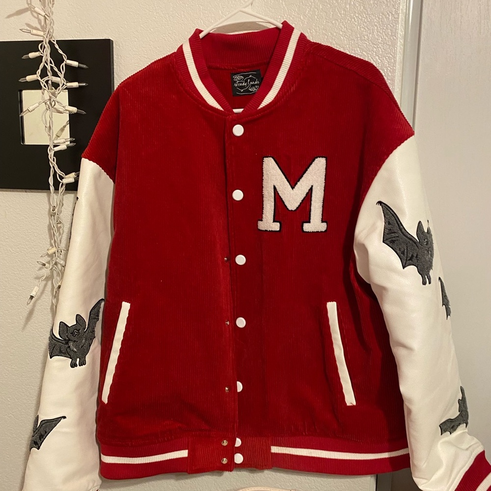 Red and White Varsity Jacket with Bat Design